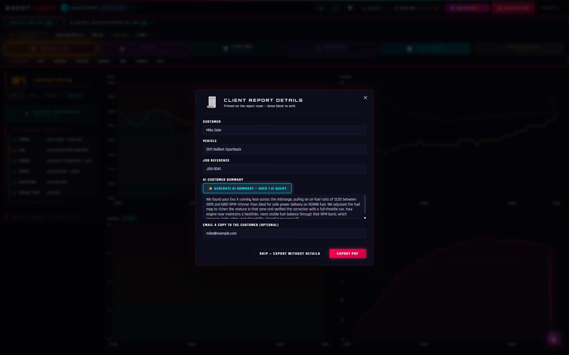 Client report details: customer, vehicle and job fields with an AI-drafted customer summary