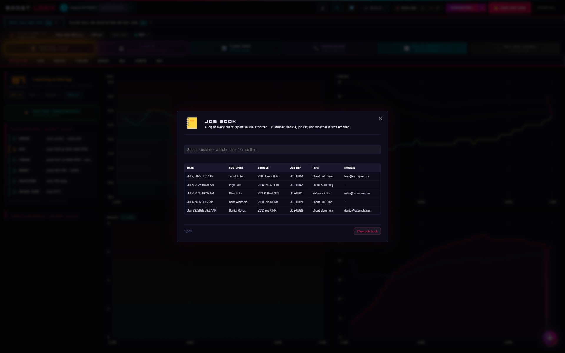 Job Book: searchable log of every client report with customer, vehicle, job ref and email status